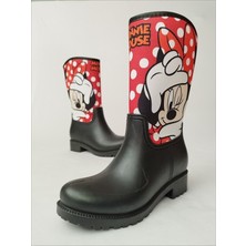 Sea & Blue Shoes Minnie Mouse Kırmızı Puantiye Baskılı Peluşlu Su Geçirmeyen Kız Çocuk Yağmur Çizmesi