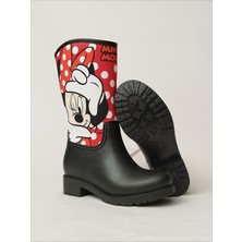 Sea & Blue Shoes Minnie Mouse Kırmızı Puantiye Baskılı Peluşlu Su Geçirmeyen Kız Çocuk Yağmur Çizmesi