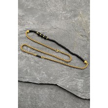 Frnch 316L Çelik ve Onyx Doğal Taşlı Altın Renkli Erkek Kolye FRJ30506-606-S