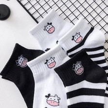 Sock Fashion Kadın Siyah Beyaz Inek Desenli Yarım Konç Kolej Çorap Seti 5 Çift