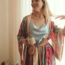 Mita Concept Desenli Gold Patlı Saten Kadın Kimono