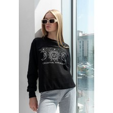 Siyah Tasarım Hoodie Ay Önü Baskılı Sweatshirt