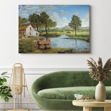 Dünyatablo Köy ve Akarsu Manzaralı Dekoratif Kanvas Duvar Tablosu ( Üç Parça )