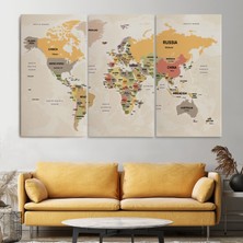 Dünyatablo Dünya Haritası Kanvas Tablo  Ülke Başkentli ve Okyanus Detaylı Dekoratif Tablo ( Üç Parça )