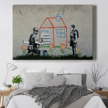 Dünyatablo Bansky Çocuğun Çizdiği Evin Kapısını Kapatan Adam Kanvas Tablo ( Üç Parça   )