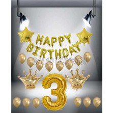 Bal10 Dünyası Gold Renk Kral Taç Happy Bırthday Folyo Balon Seti 3 Yaş