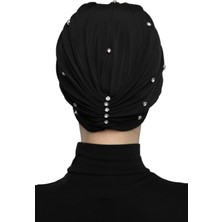 Fidan Bone Swarovskili Astarlı El Işi Swarovski Işlemeli Siyah Hazır Türban Tesettür Bone