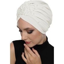 ELYSIANfidan Kopma Astarlı Işlemeli Krem Gül Motifli Hazır Türban Tesettür Abiye Bone