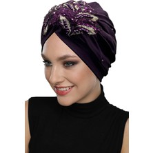 ELYSIANfidan Kopma Astarlı Işlemeli Mor Payetli Yaprak Motifli Hazır Türban Tesettür Abiye Bone