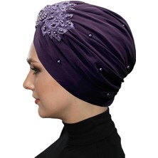 Fidan Bone Kopma Astarlı Işlemeli Mor Gül Motifli Hazır Türban Tesettür Abiye Bone
