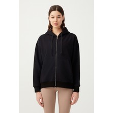 Los Ojos Kadın Siyah Kapüşonlu Oversize Şardonlu Fermuarlı Örme Sweatshirt