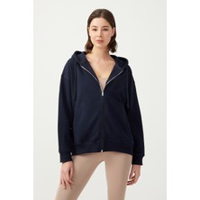 Los Ojos Kadın Lacivert Kapüşonlu Oversize Şardonlu Fermuarlı Örme Sweatshirt
