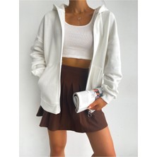 Bejna Kadın Oversize Fermuarlı Hırka Yumuşak Pamuk Polyester Karışımı Beyaz Renk