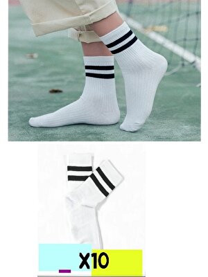 Herosa Tekstil 10'lu Uzun Pamuklu Unisex Çizgili Beyaz Çorap