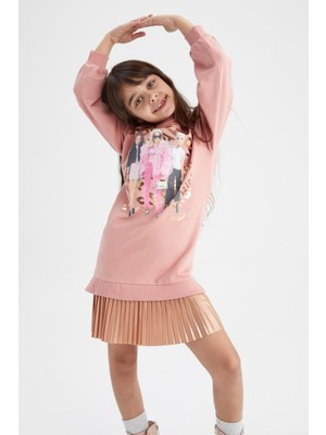 DeFacto Kız Çocuk Barbie Uzun Kollu Pileli Sweat Elbise Y5060A622AU