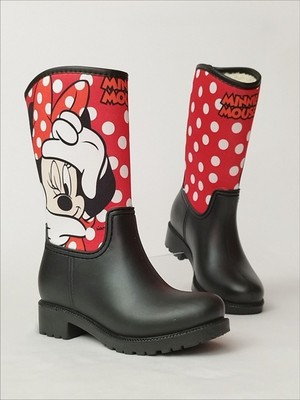 Sea & Blue Shoes Minnie Mouse Kırmızı Puantiye Baskılı Peluşlu Su Geçirmeyen Kız Çocuk Yağmur Çizmesi - Kumaş ve Eva Taban