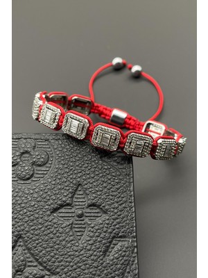 Frnch 3A Kalite Zirkon Taşlı Baget Kırmızı Renk Ipli Ayarlanabilir Makrome Erkek Bileklik FRJ11649-1749-K