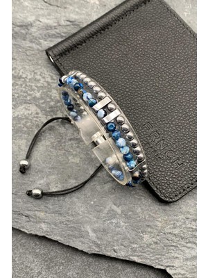 Frnch Jade Doğal Taşlı Mavi Renkli Ayarlanabilir Makrome Erkek Bileklik FRJ11654-1754-M2