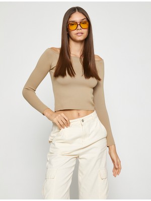 Koton Crop Triko Kazak Kayık Yaka Uzun Kollu