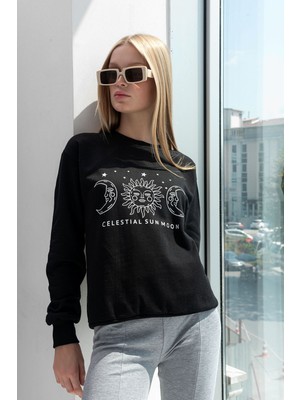 la & vetta Siyah Hoodie Kadınlar İçin Uzun Kol Baskılı Tasarım Sweatshirt