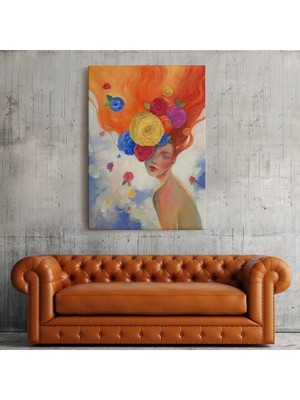Dünyatablo Çiçek Saçlı Kadın Yağlıboya Görünüm Dekoratif Kanvas Duvar Tablosu