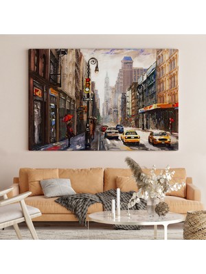Dünyatablo New York Sokakları ve Sarı Taksi Yağlıboya Görünüm Tablo ( Tek Parça )