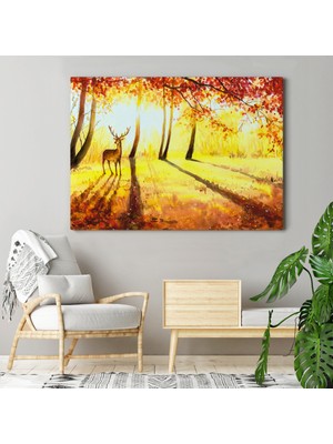 Dünyatablo Baharda Ormanda Bir Geyik Yağlıboya Görünüm Kanvas Tablo ( Tek Parça )