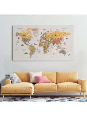 Dünyatablo Dünya Haritası Çok Detaylı Ünlü Yerler Sembollü Kanvas Tablo 1748 ( Tek Parça )