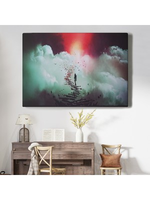 Dünyatablo Gökyüzüne Giden Kırık Merdivenlerde Duran Genç Kadın Kanvas Tablosu ( Üç Parça   )