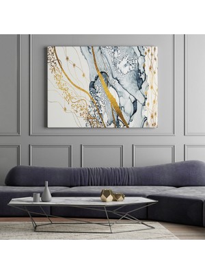 Dünyatablo Mavi ve Altın Sarısı Renklerınde Soyut Modern Kanvas Tablo ( Üç Parça   )