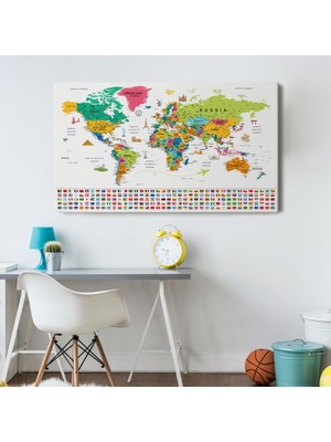 Dünyatablo Dünya Haritası Ayrıntılı Eğitici-Öğretici Sembollü Bayraklı Dekoratif Tablo ( Tek Parça )