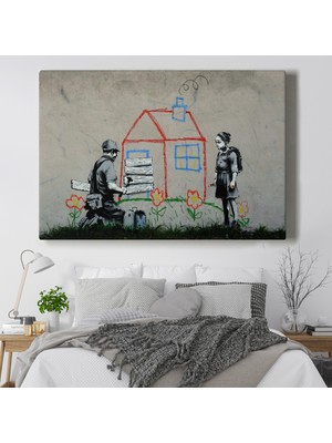 Dünyatablo Bansky Çocuğun Çizdiği Evin Kapısını Kapatan Adam Kanvas Tablo ( Üç Parça   )