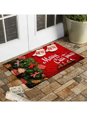 Esnature Yılbaşı Ağacı Desenli Kırmızı Kapı Önü Paspası 45X70 cm