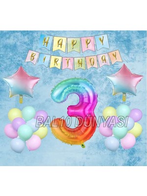 Bal10 Dünyası Gökkuşağı Yıldız Folyo Balon Seti 3 Yaş