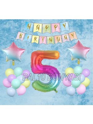 Bal10 Dünyası Gökkuşağı Yıldız Folyo Balon Seti 5 Yaş