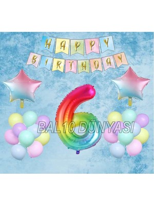 Bal10 Dünyası Gökkuşağı Yıldız Folyo Balon Seti 6 Yaş