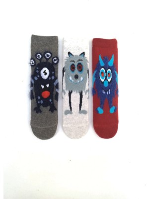 Mem Socks 3'lü Şaçaklı Monster Desenli Kaydırmaz Havlu Çocuk Çorabı