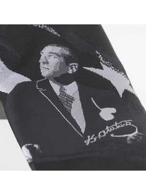 Gaffy Atatürk ve Imza Desenli Dokuma Siyah Kravat - Ak-23