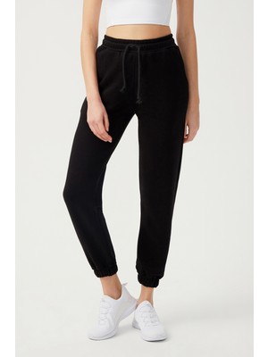 Los Ojos Kadın Siyah Jogger Eşofman Altı Lastikli Paçalı %80 Pamuklu Konforlu Tasarım Drawstring