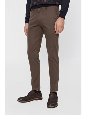 Morven  Erkek Kahverengi Chino Pamuklu Yan Cep Slim Fit Dar Kesim Pantolon