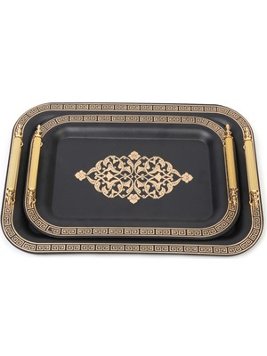 Özbir Devmeer Paslanmaz Çelik Lüks Model 2'li Siyah Gold Desen Çay Kahve Tepsi Seti