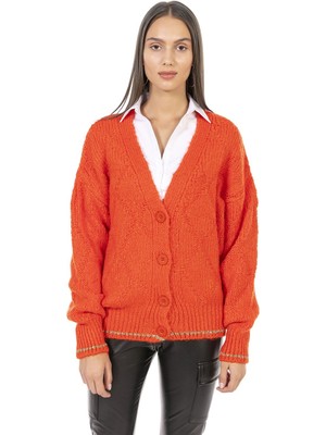 Miss Poem Düğmeli ve Uçları Gold Çizgi Detaylı Kadın Hırka Oranj/orange 32916 Trıko