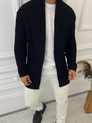 Elku Moda Hırka Kalın Örgü Şal Yaka Cepli Panço Triko Hırka