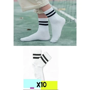 Herosa Tekstil 10'lu Uzun Pamuklu Unisex Çizgili Beyaz Çorap