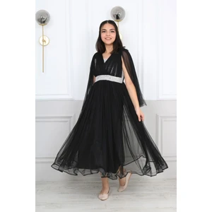 Kız Çocuk Beli Pul İşleme Sırt Lastikli  Dantel Kol Detay Abiye Mezuniyet Düğün Balo Elbise-ABY-0028