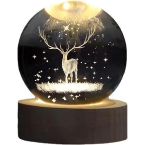 Sinerji Shop Dekoratif Geyik Tasarımlı Ahşap Altlıklı Işıklı Cam Küre