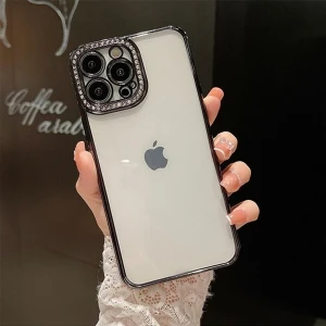 iPhone 12 Taşlı Kamera Korumalı Parlak Swarovski Şeffaf Silikon Telefon Kılıfı