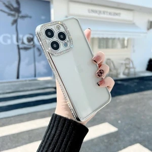 iPhone 12 Taşlı Kamera Korumalı Parlak Swarovski Şeffaf Silikon Telefon Kılıfı