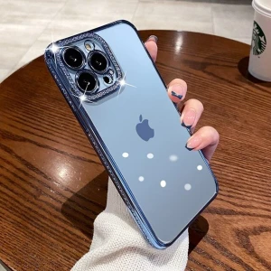 iPhone 12 Pro Taşlı Kamera Korumalı Parlak Swarovski Şeffaf Silikon Telefon Kılıfı