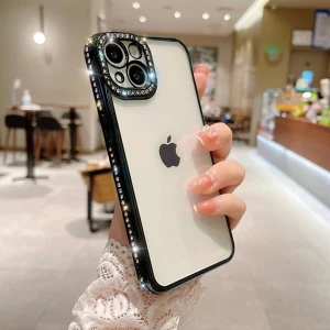 iPhone 13 Taşlı Kamera Korumalı Parlak Swarovski Şeffaf Silikon Telefon Kılıfı